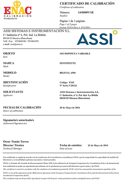 Certificato ENAC per micropipette a volume fisso